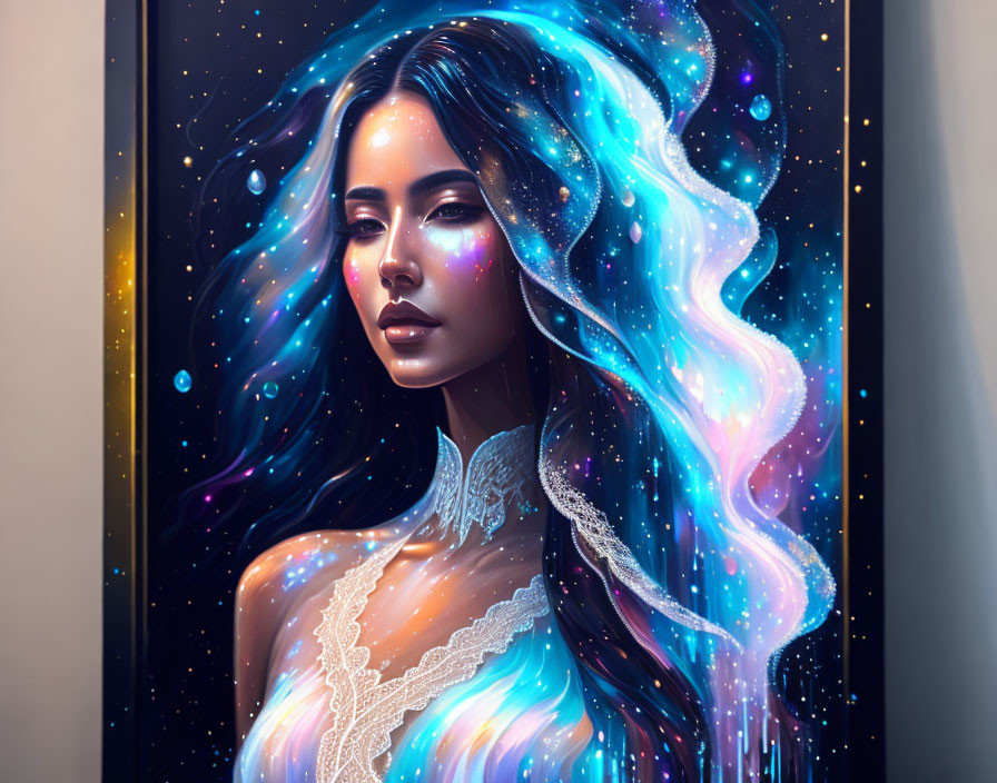 Vibrant cosmic portrait with flowing hair and lace dress