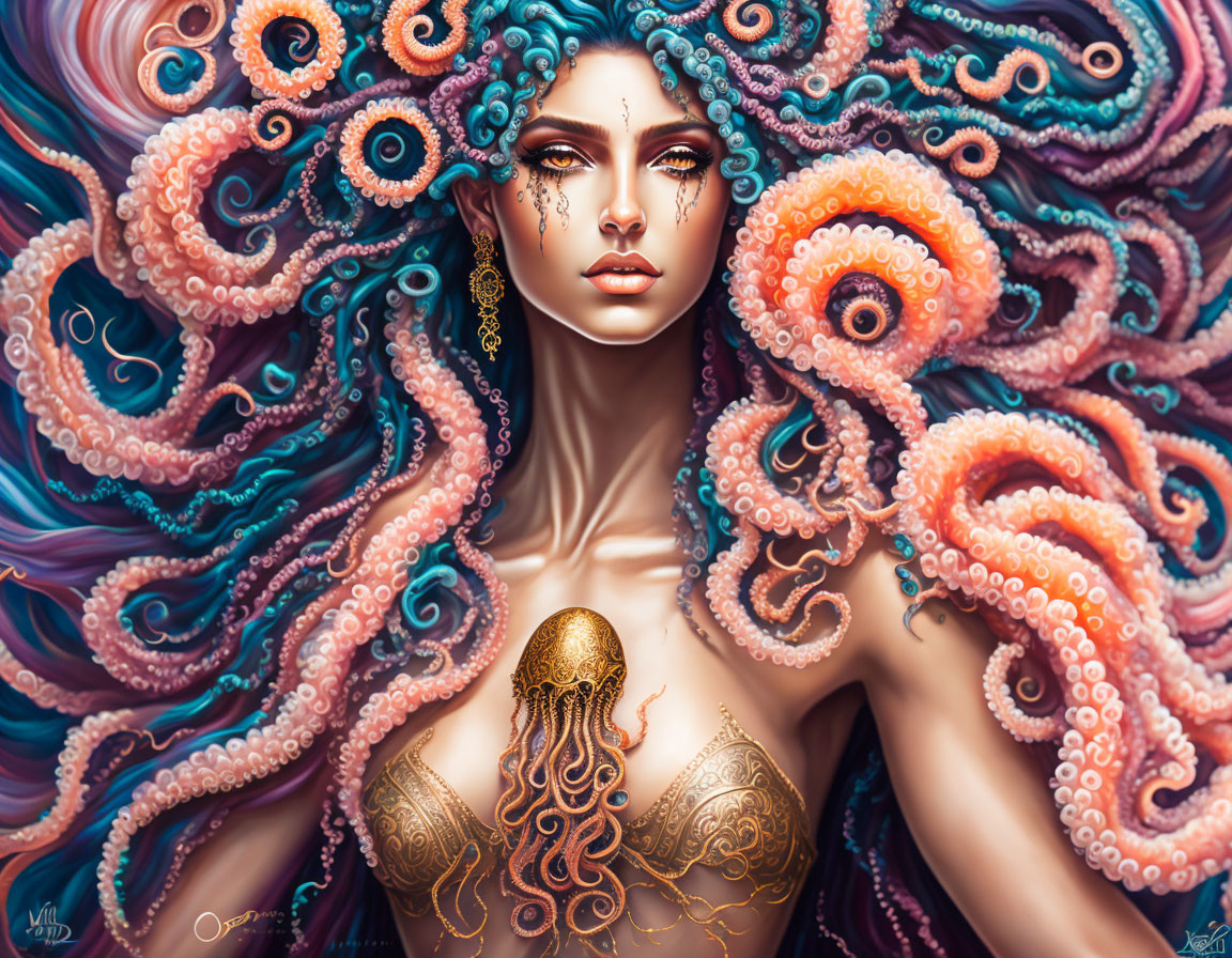 Woman with Octopus Tentacles Hair & Marine Body Art in Mythical Oceanic Illustration