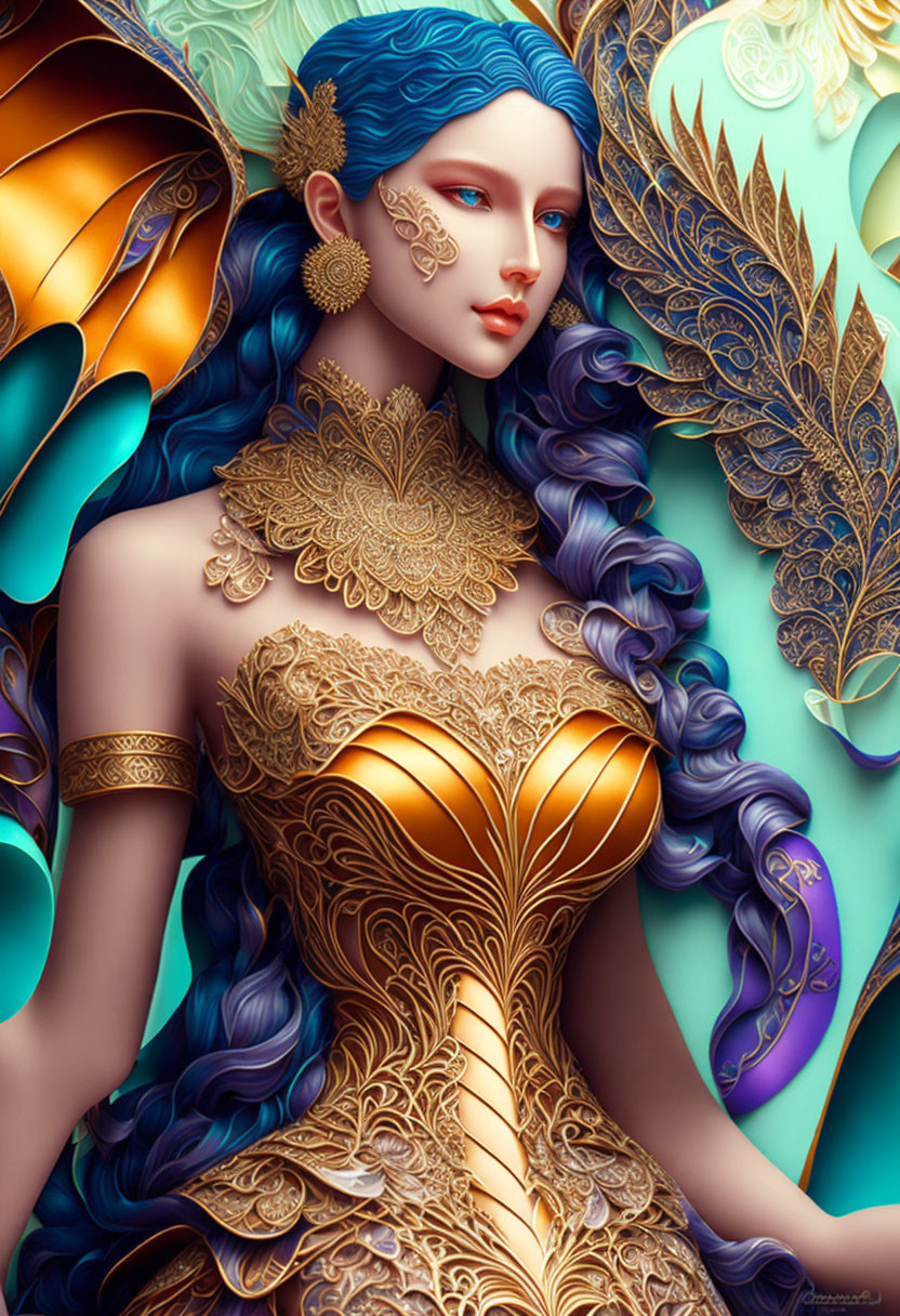 Fantasy illustration of woman with blue skin and purple hair in butterfly wings