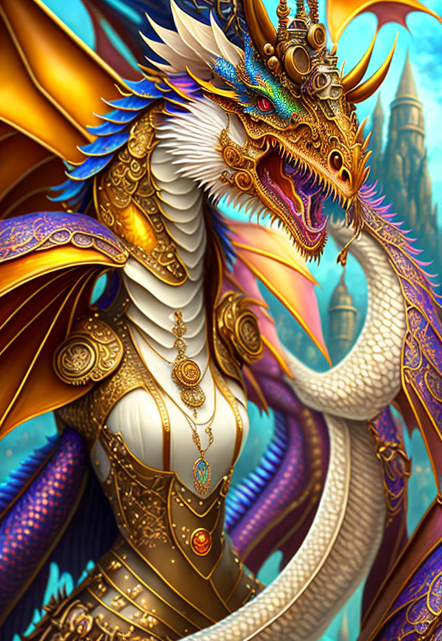 Ornate Blue and Gold Dragon Artwork with Castle Background