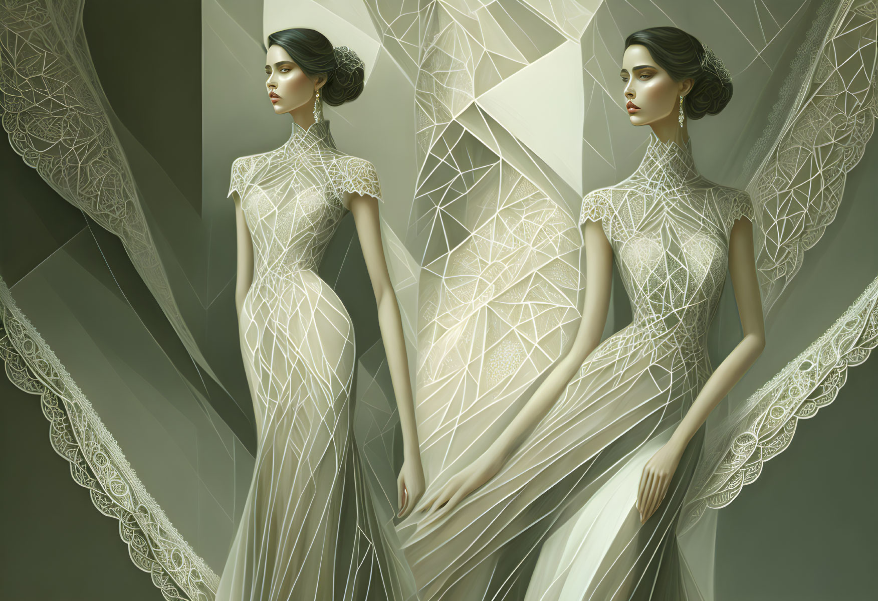 Elegant women in geometric lace dresses on abstract backdrop