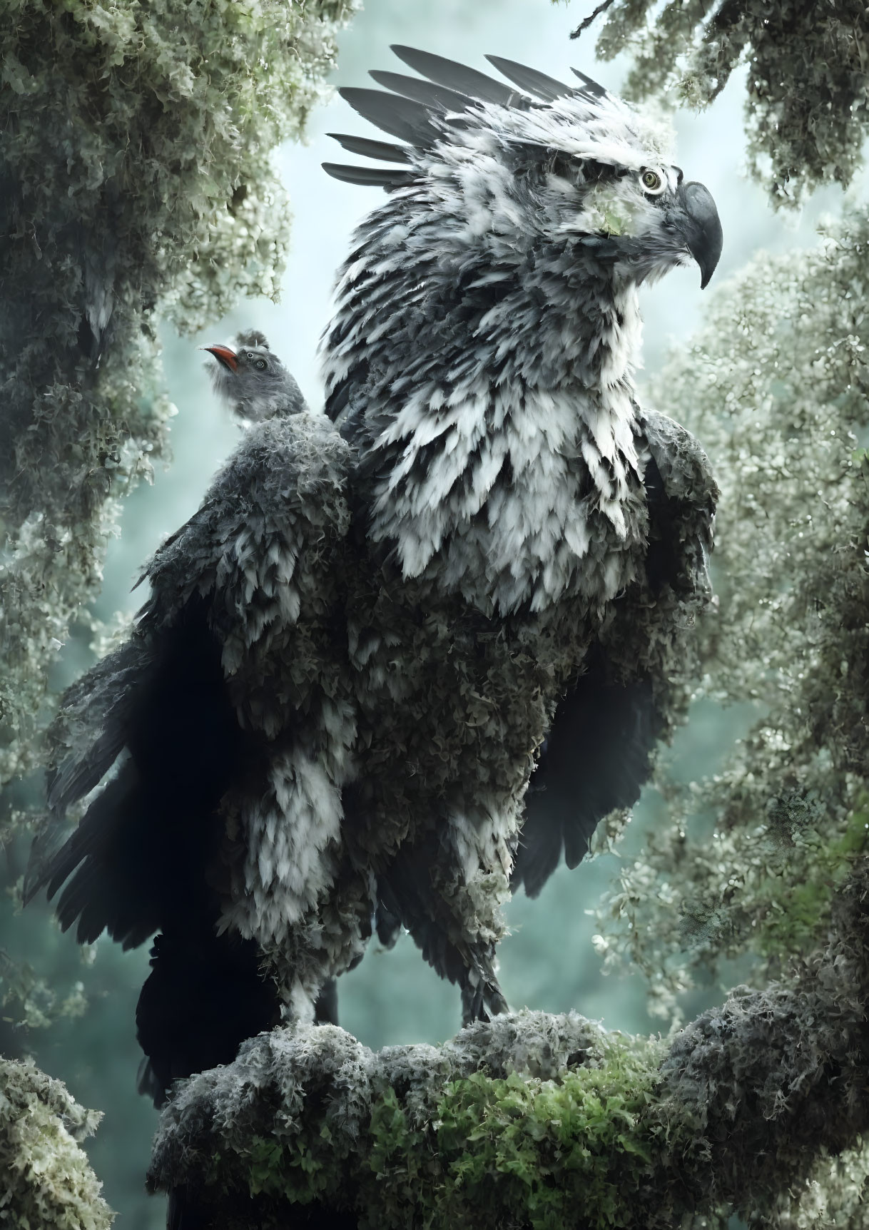 Majestic eagle with intricate feathers in misty forest scene