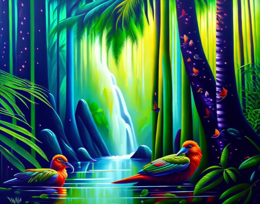 Vibrant Tropical Waterfall Scene with Parrots
