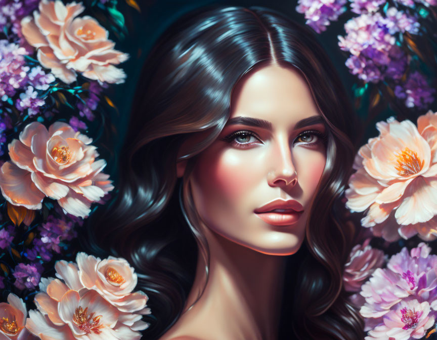 Detailed illustration: Woman with flowing dark hair surrounded by multicolored flowers, featuring expressive face.