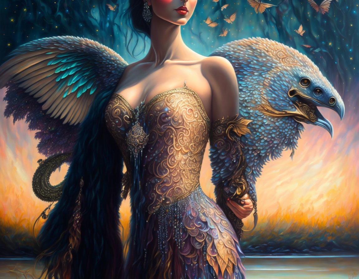 Fantastical image of woman and mythical bird at twilight