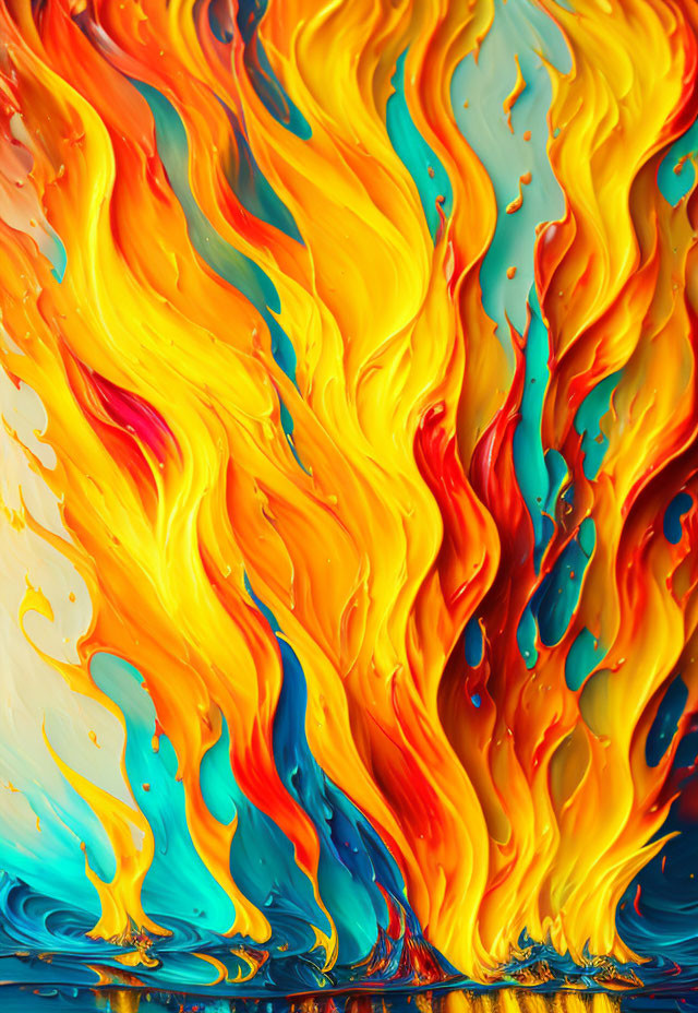 Colorful Abstract Painting with Swirling Flames on Blue Background