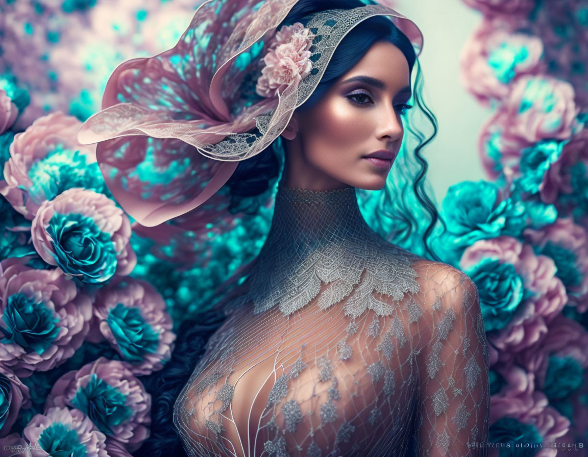 Woman with Blue Eyes in Lace Outfit Surrounded by Teal and Pink Flowers