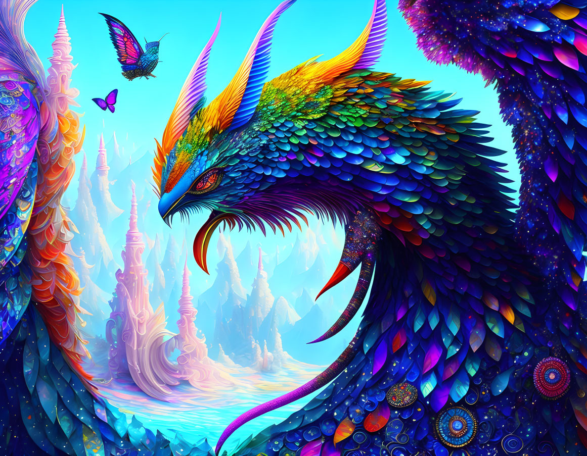 Multicolored dragon in fantastical landscape with crystal castle