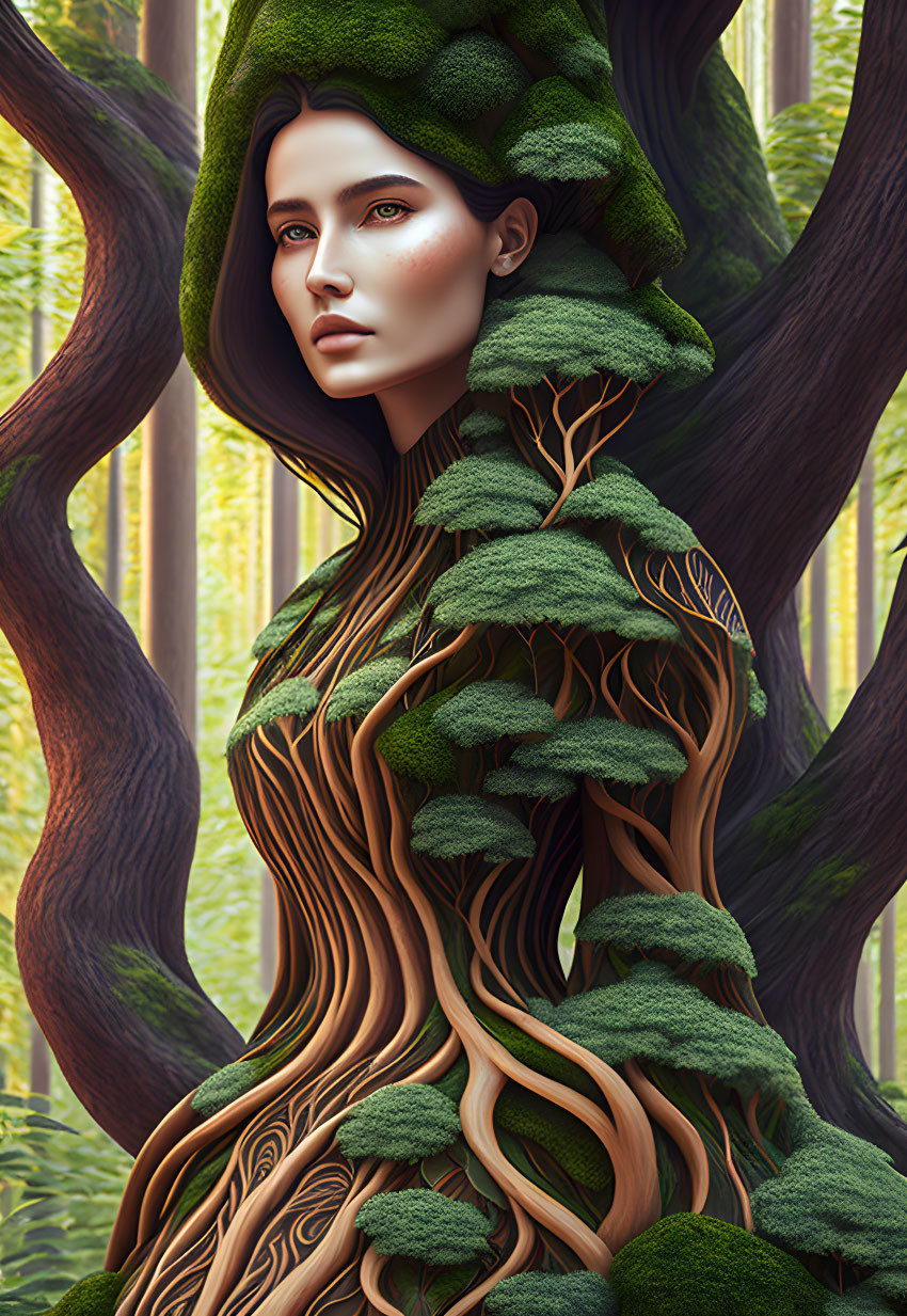 Forest spirit digital artwork entwined with tree structures and moss.