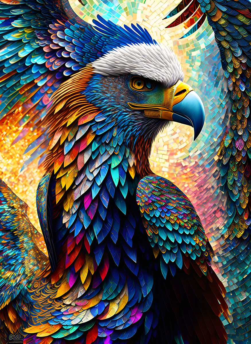 Colorful digital artwork of a detailed eagle with blue, orange, and yellow feathers