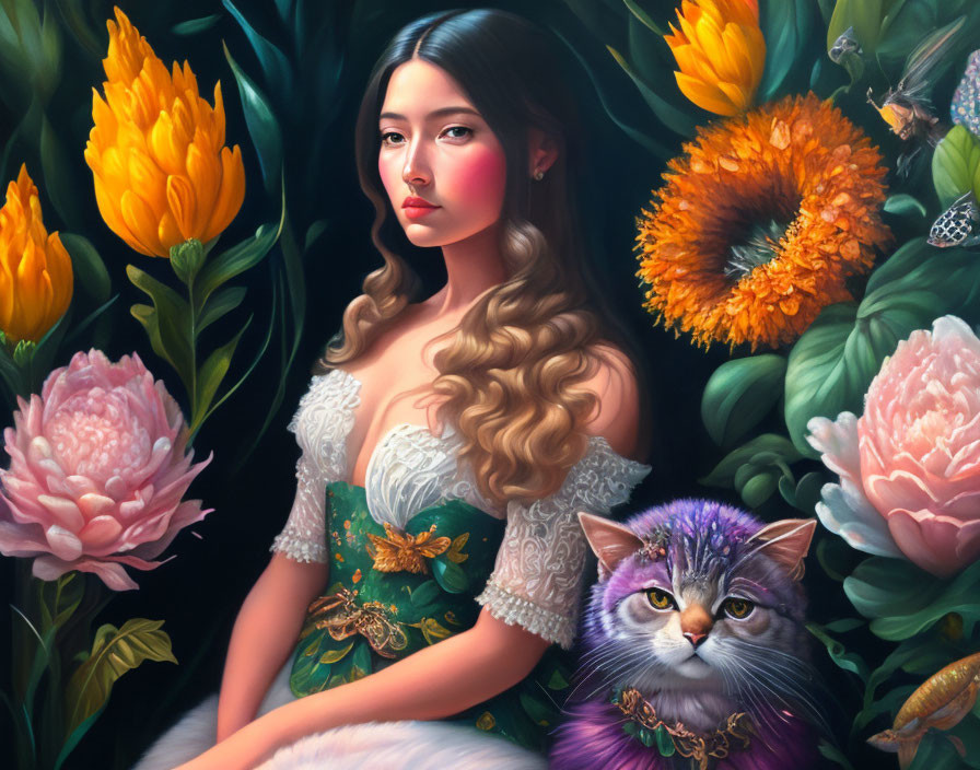 Woman with flowing hair and regal cat among vibrant flowers