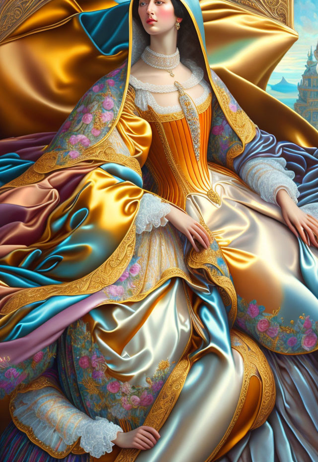 Detailed painting of a woman in ornate gown with golden and blue hues