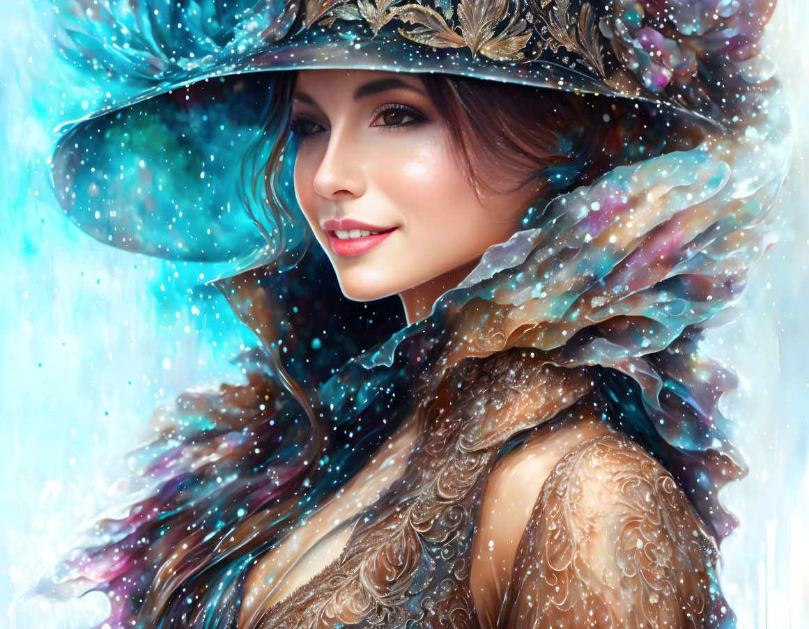 Radiant woman in decorative attire against frosty blue backdrop