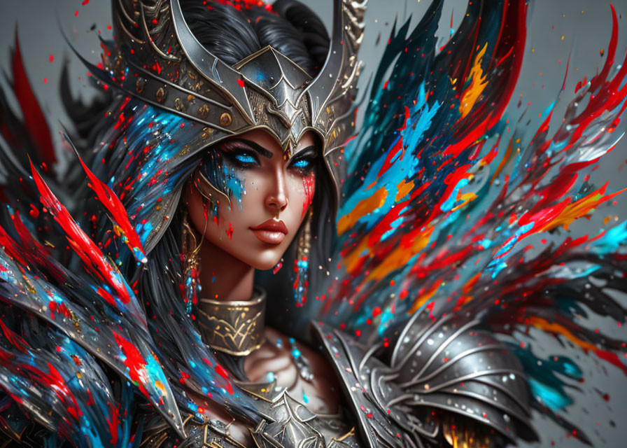 Detailed Metallic Helmet & Vibrant Wing-like Colors on Female Warrior