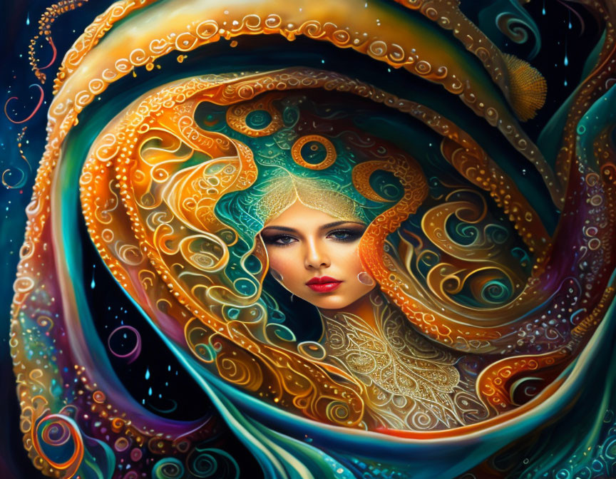 Colorful digital painting of woman with intricate patterns and jewel-tone swirls.
