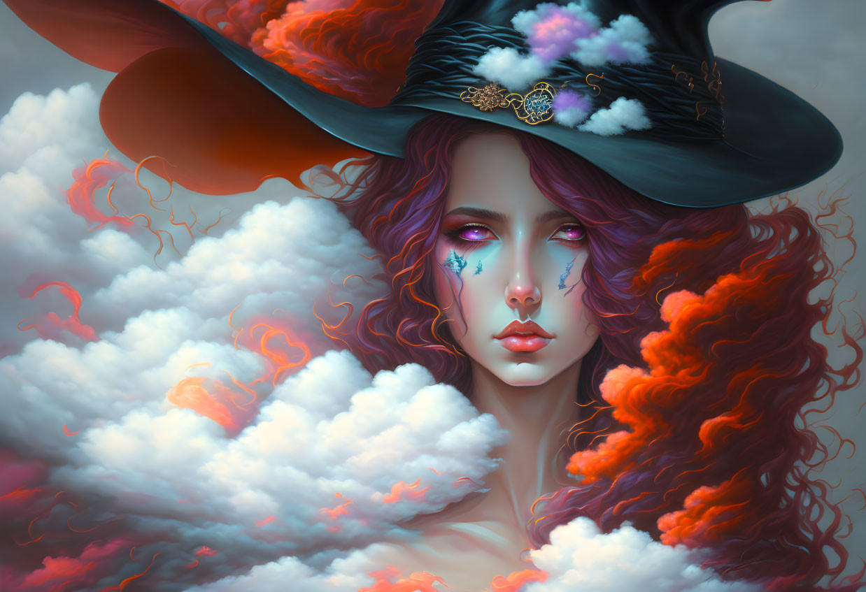 Fantasy portrait of woman with red hair, purple eyes, witch's hat, ethereal background