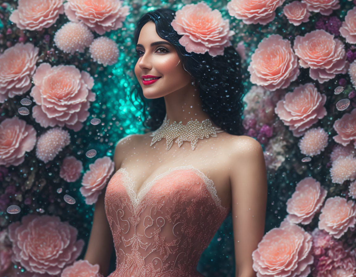 Woman in elegant dress against floral backdrop, exuding gentle, dreamy smile