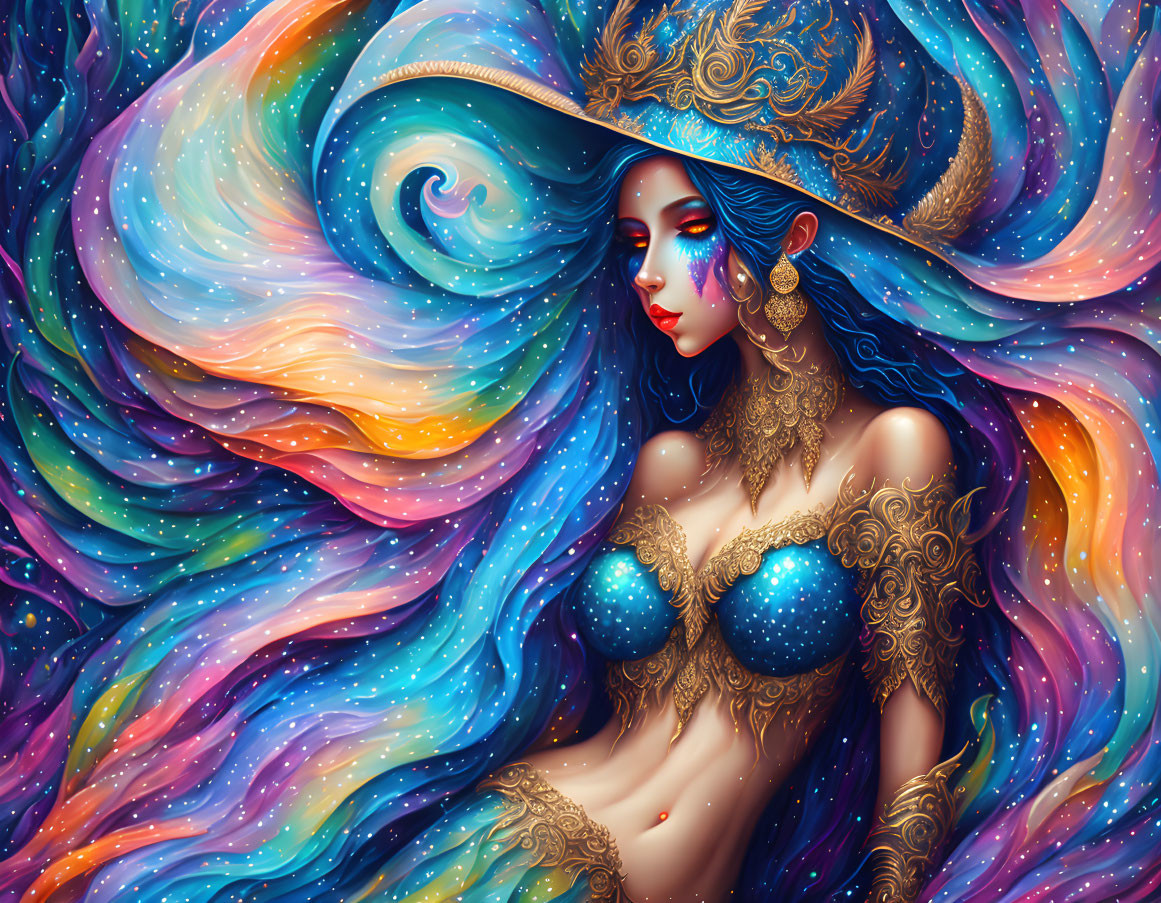 Illustration of woman with multicolored hair and gold adornments on vibrant background