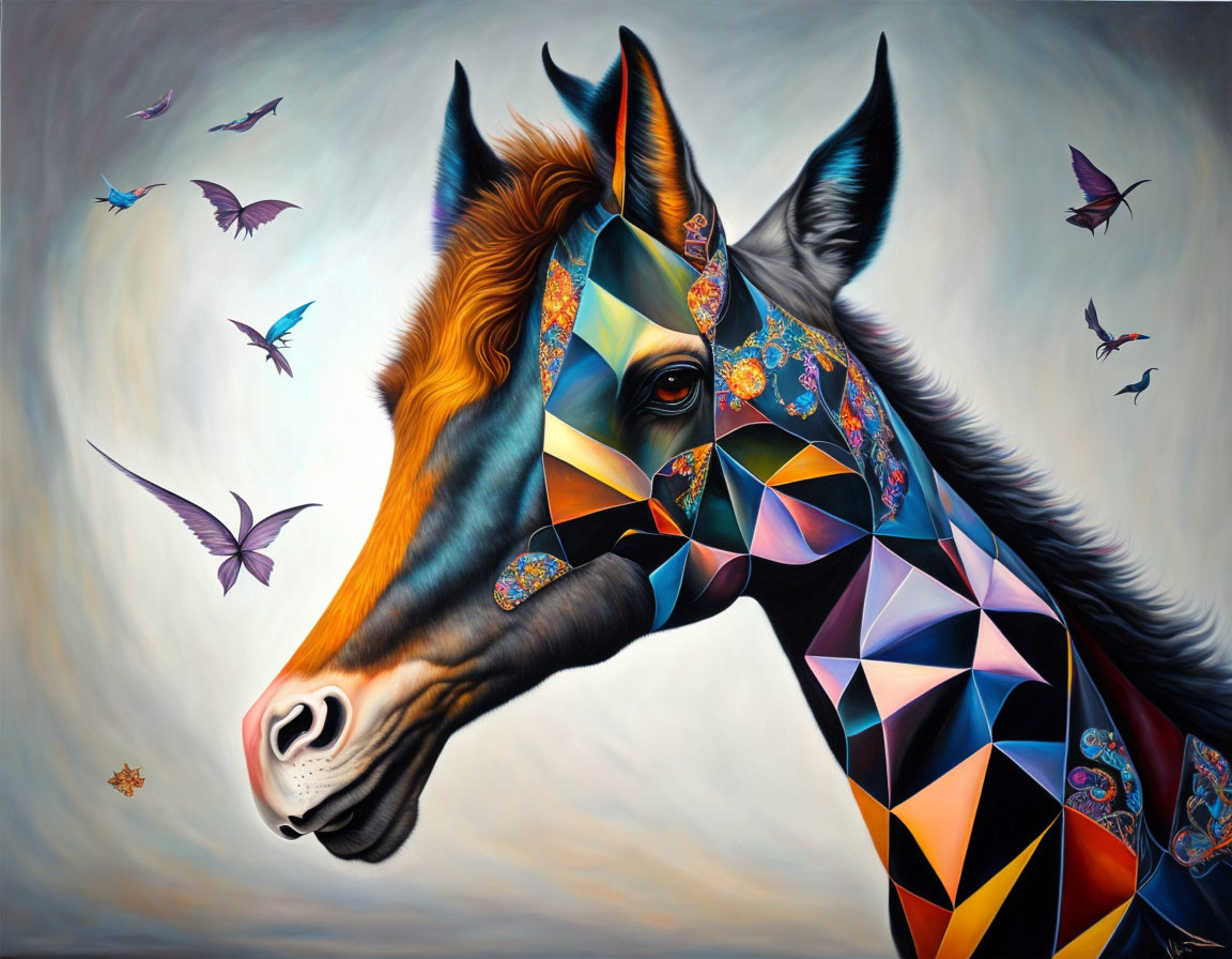 Colorful geometric-patterned horse with hummingbirds on muted background