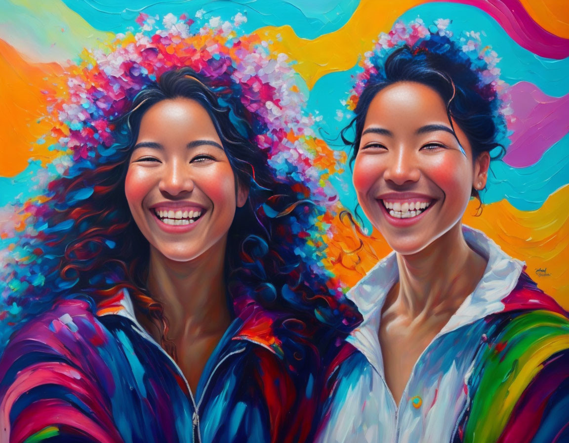 Two women in colorful outfits against vibrant floral backgrounds sharing a joyful moment.
