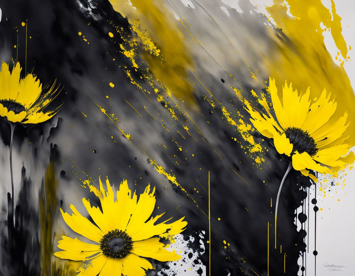 Vibrant Yellow Flowers in Abstract Art with Dynamic Black and Grey Background