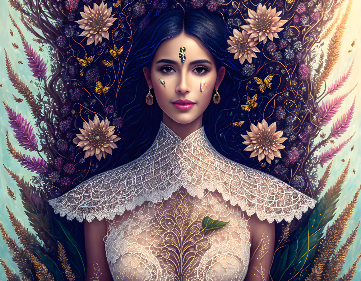 Illustration: Woman with dark hair in golden floral attire amid colorful botanical scene