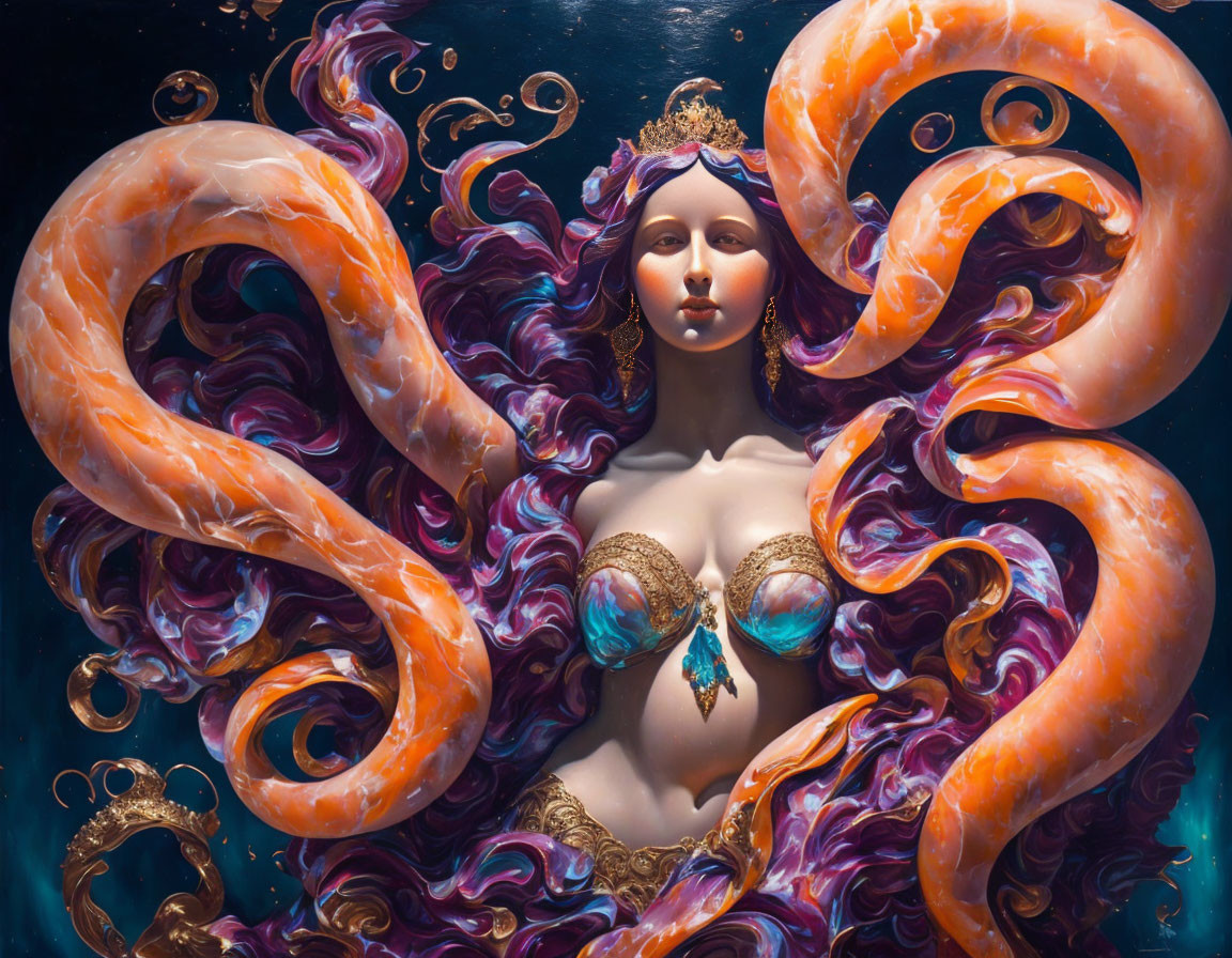 Surreal painting of woman with octopus hair and crown against blue background