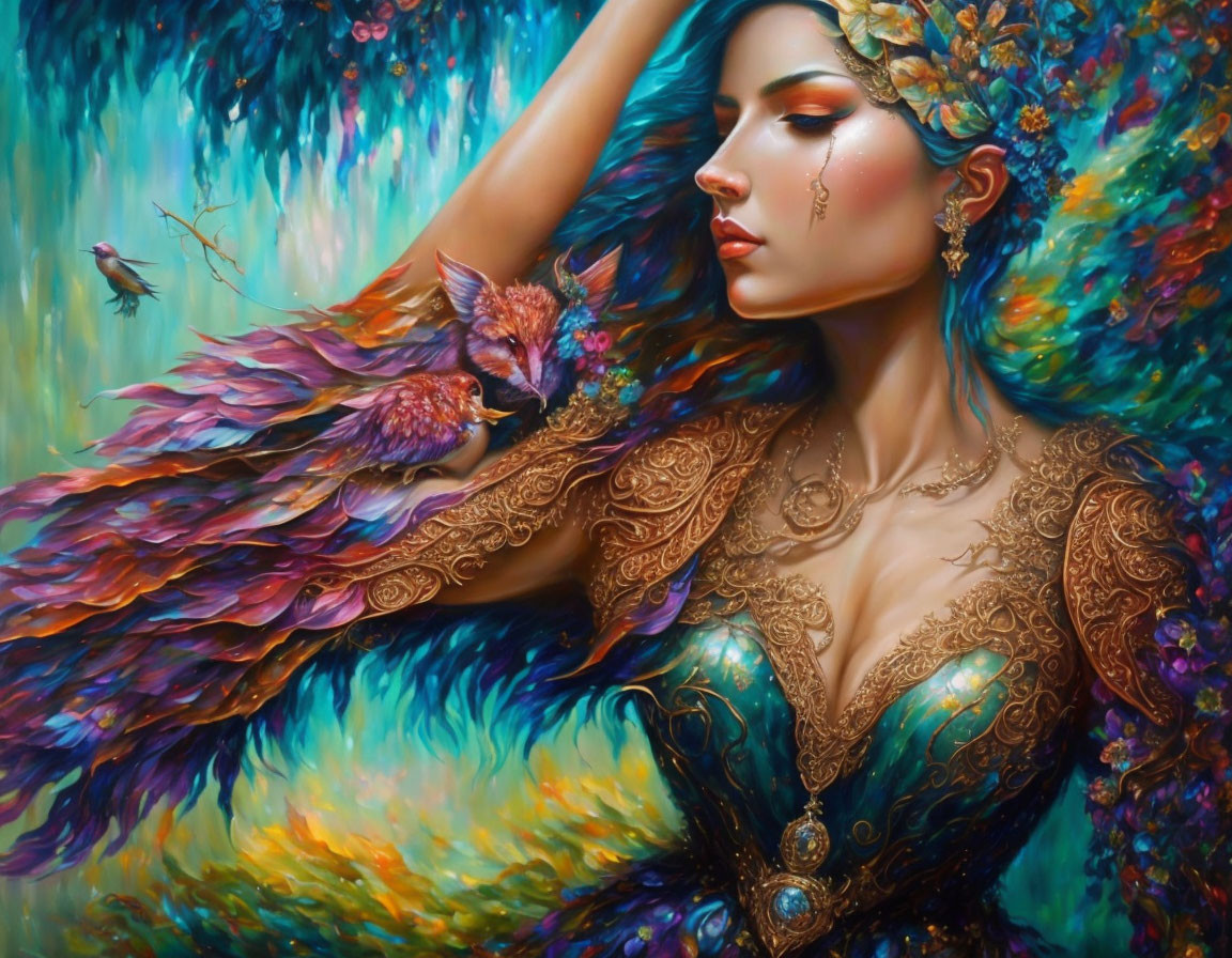 Colorful painting of woman with griffon in lush floral setting