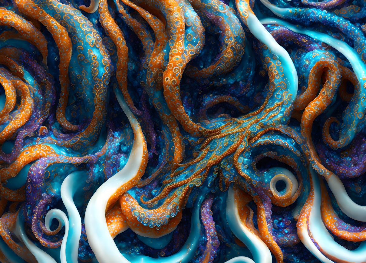 Iridescent blue and orange tentacle-like structures with intricate patterns