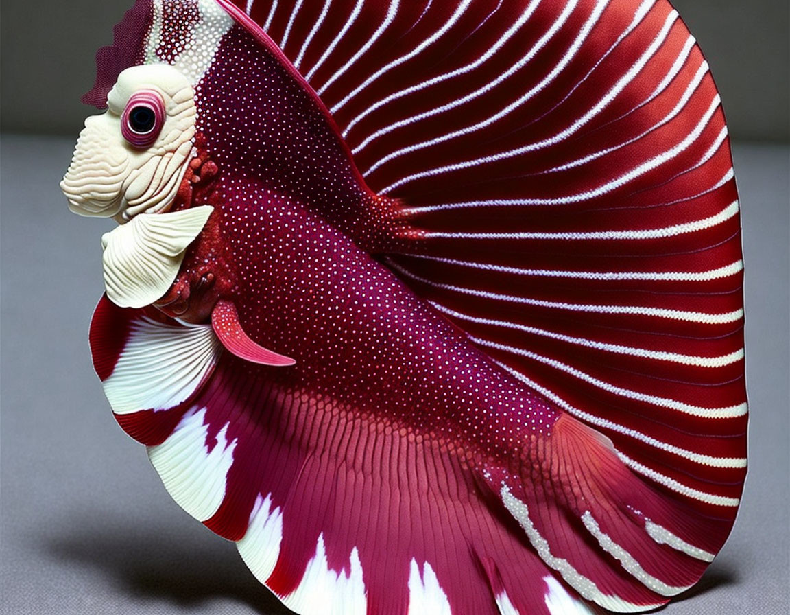 Colorful Red and White Striped Discus Fish with Elegant Fins and Unique Eye