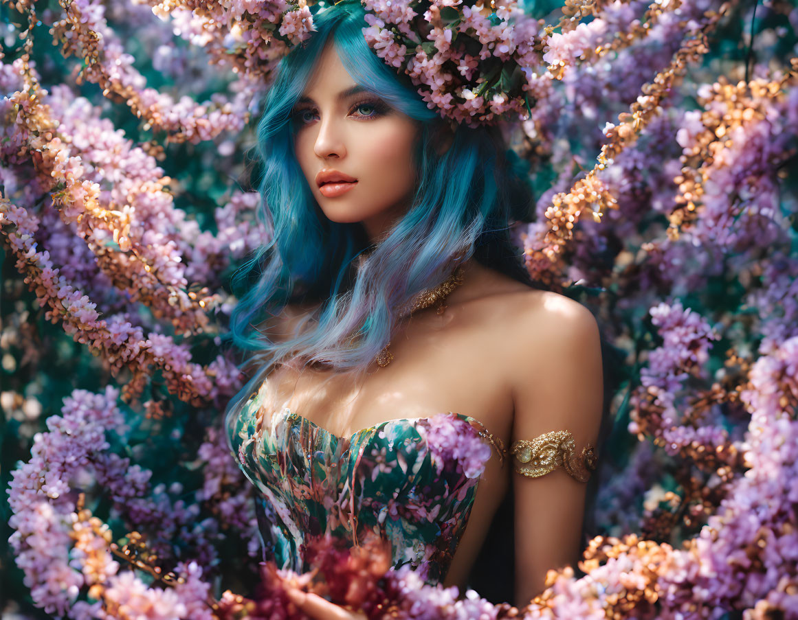 Blue-haired woman in floral dress among pink blossoms and golden arm cuff