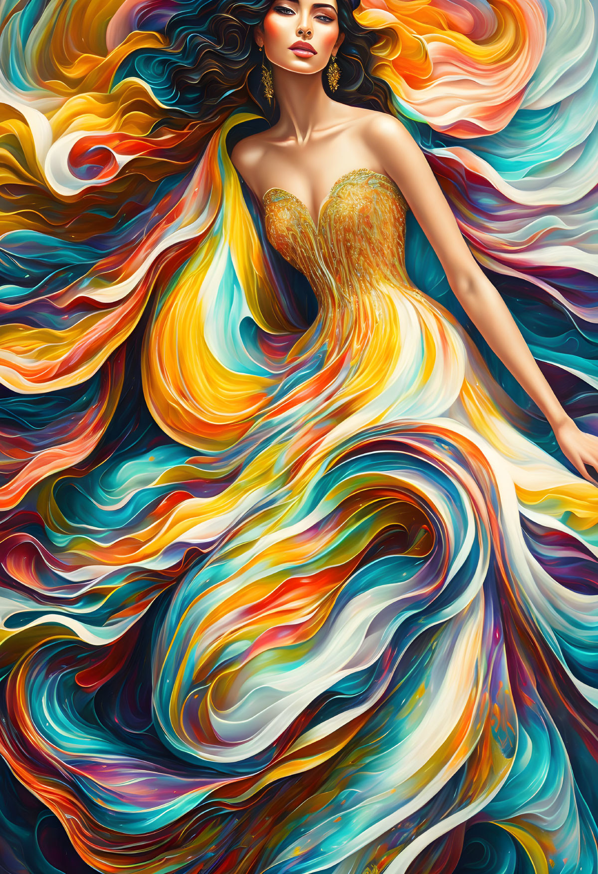 Colorful illustration: Woman with flowing hair and swirling gown