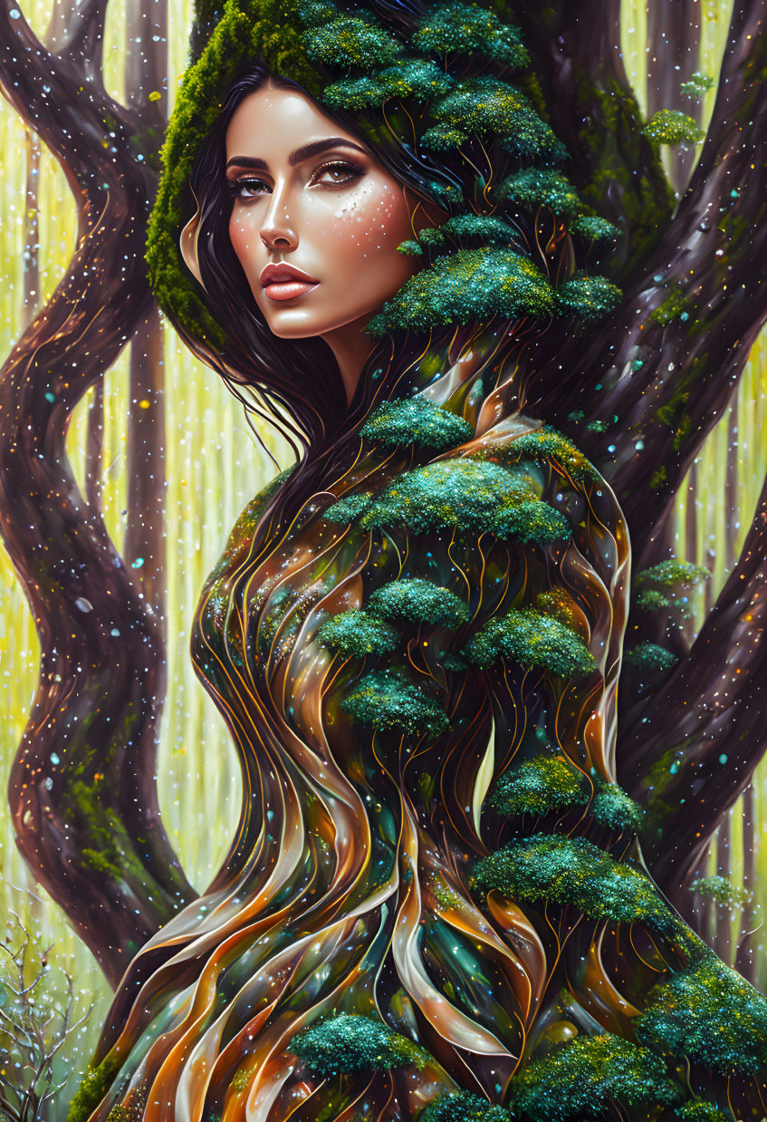 Ethereal woman intertwined with forest elements in magical woodland landscape