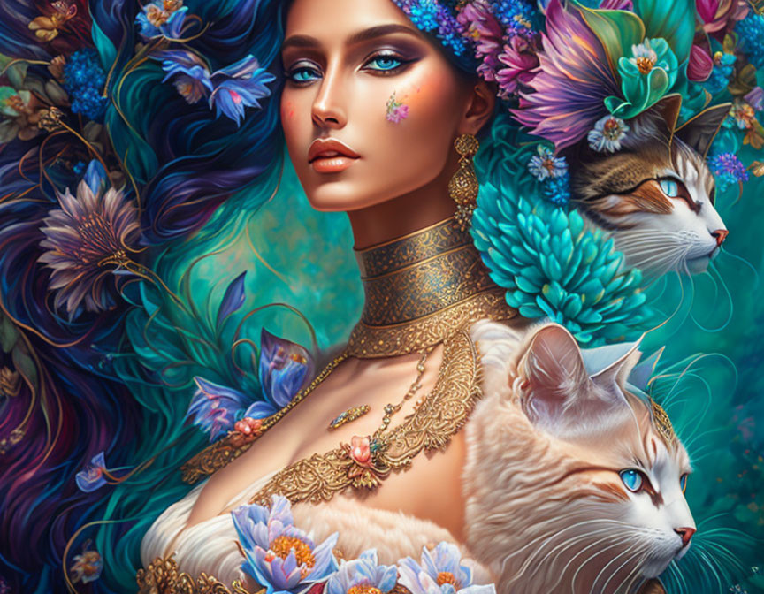 Portrait of woman with jewelry, blue flowers, and cats.