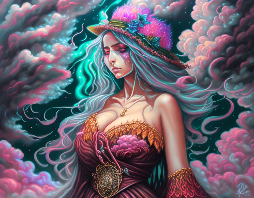 Colorful portrait of a woman in wide-brimmed hat with vibrant flowers on swirling pastel clouds