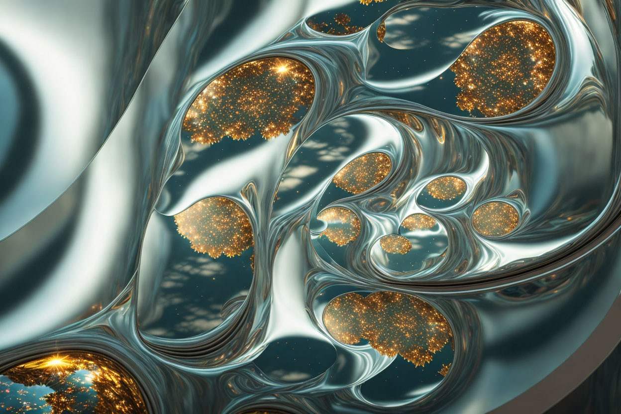 Fractal art: Metallic swirls, golden nodules, luxurious liquid.