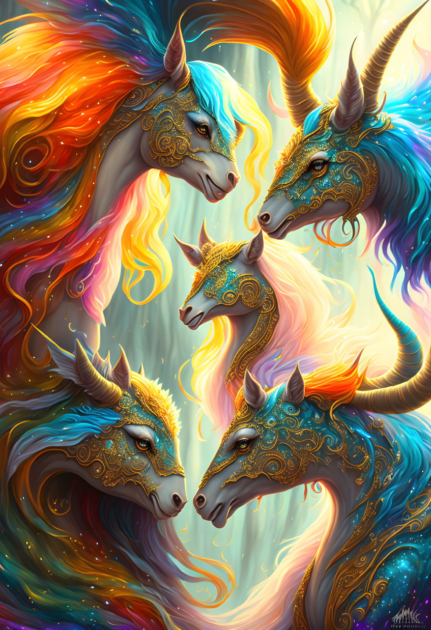 Colorful Ornate Dragons Intertwined on Magical Background