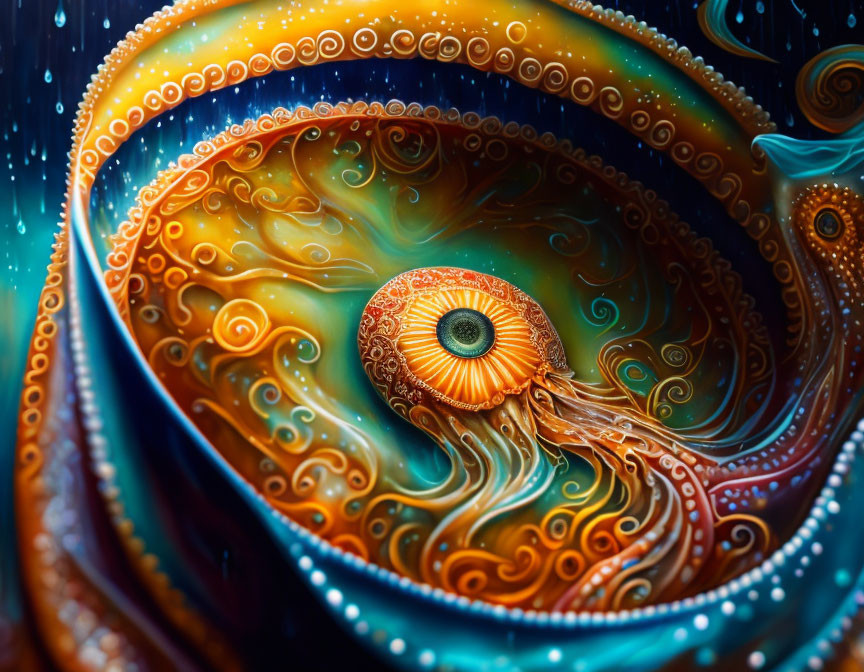 Colorful fractal art: Swirling blue and orange patterns with intricate eye motif