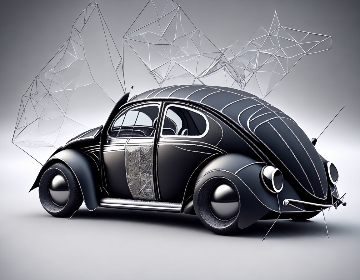 Stylized black Volkswagen Beetle with geometric wireframe extensions against grey background