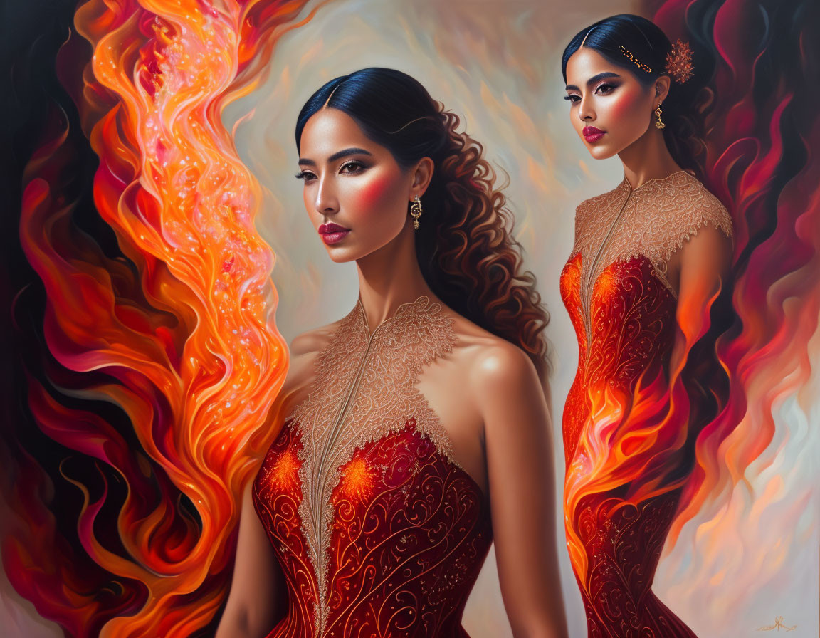 Two women in ornate red gowns against fiery background