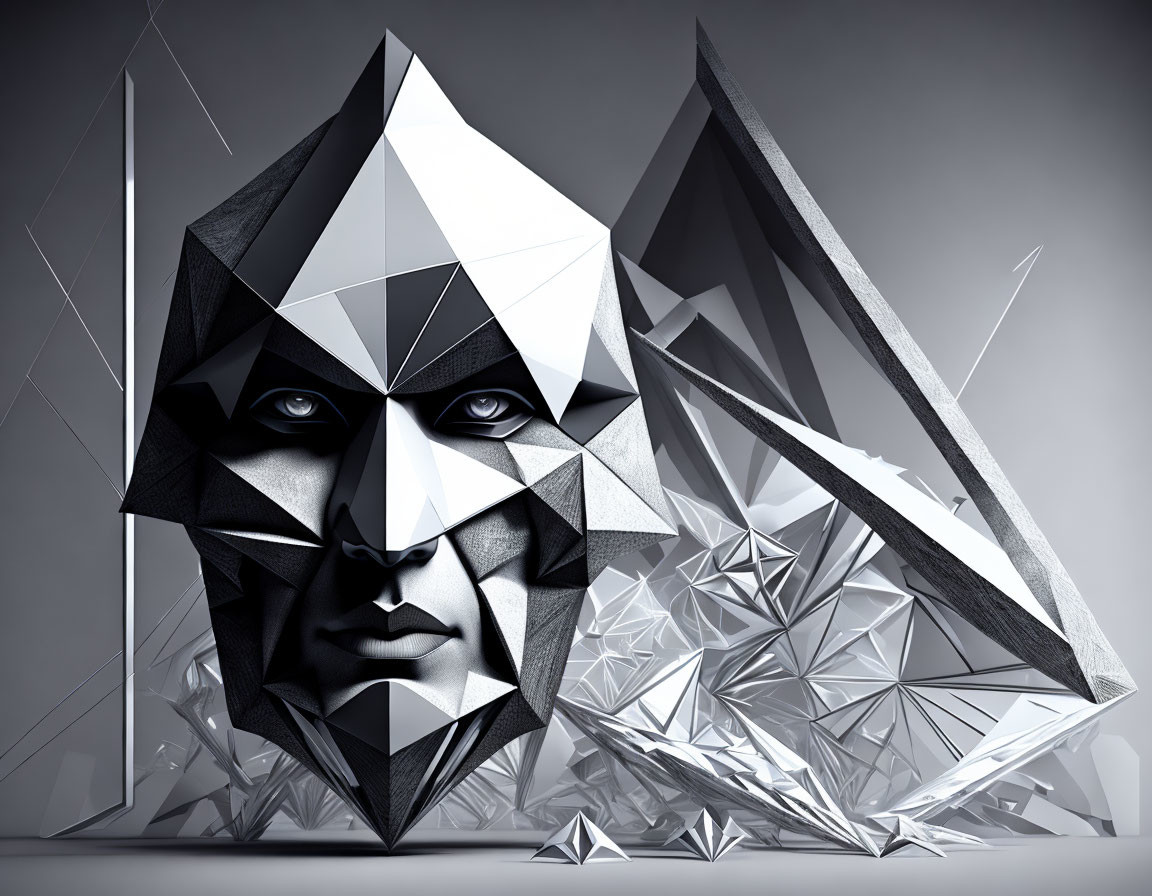 Abstract geometric human face with crystalline formations on grey background