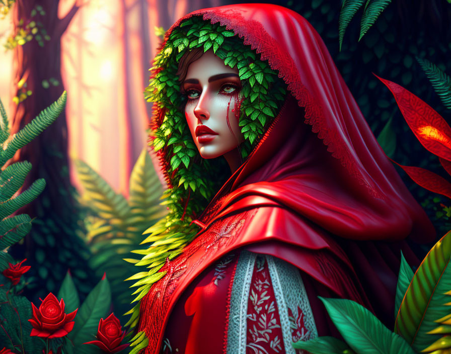 Woman in red cloak with green leaf border, gazing in forest with red roses