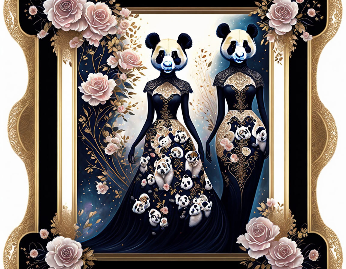 Ornate image: Two pandas in elegant gowns with floral motifs