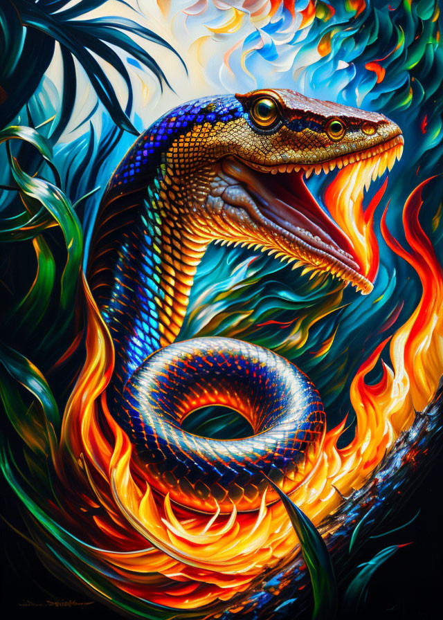 Colorful Snake Painting with Open Mouth in Flames and Foliage