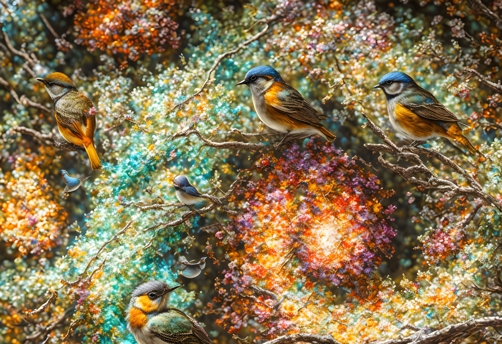 Vibrant Birds on Colorful Branches in Lush Foliage