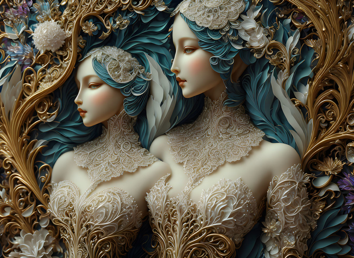 Detailed artwork: Mirrored pale-skinned figures in white and gold attire with ornate headpieces,