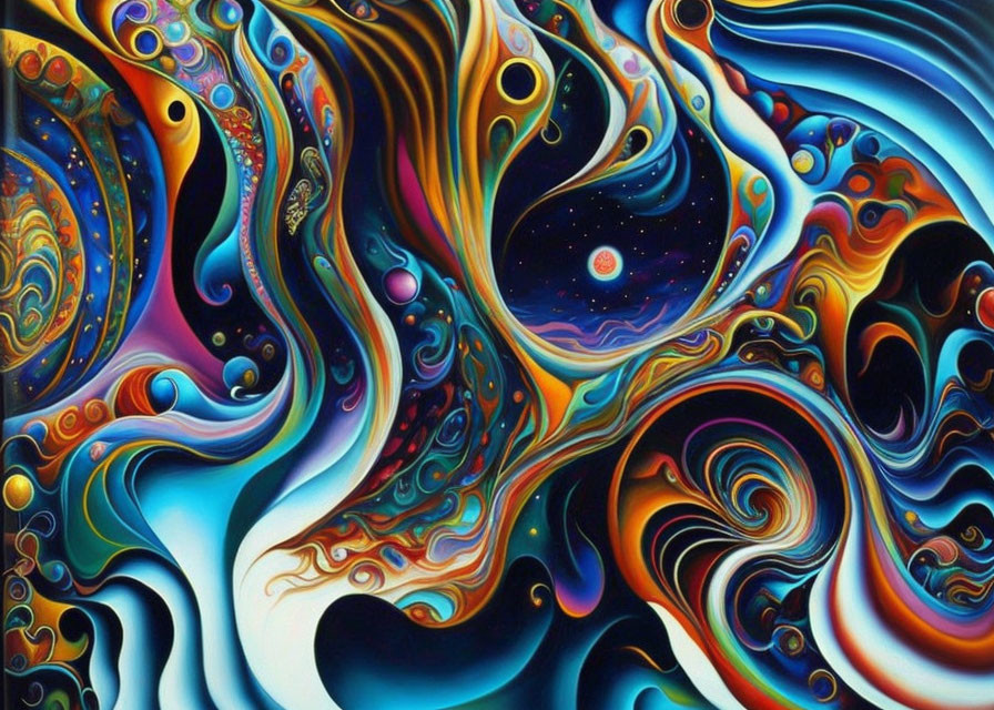 Colorful Psychedelic Digital Artwork with Swirling Patterns and Dreamlike Landscape