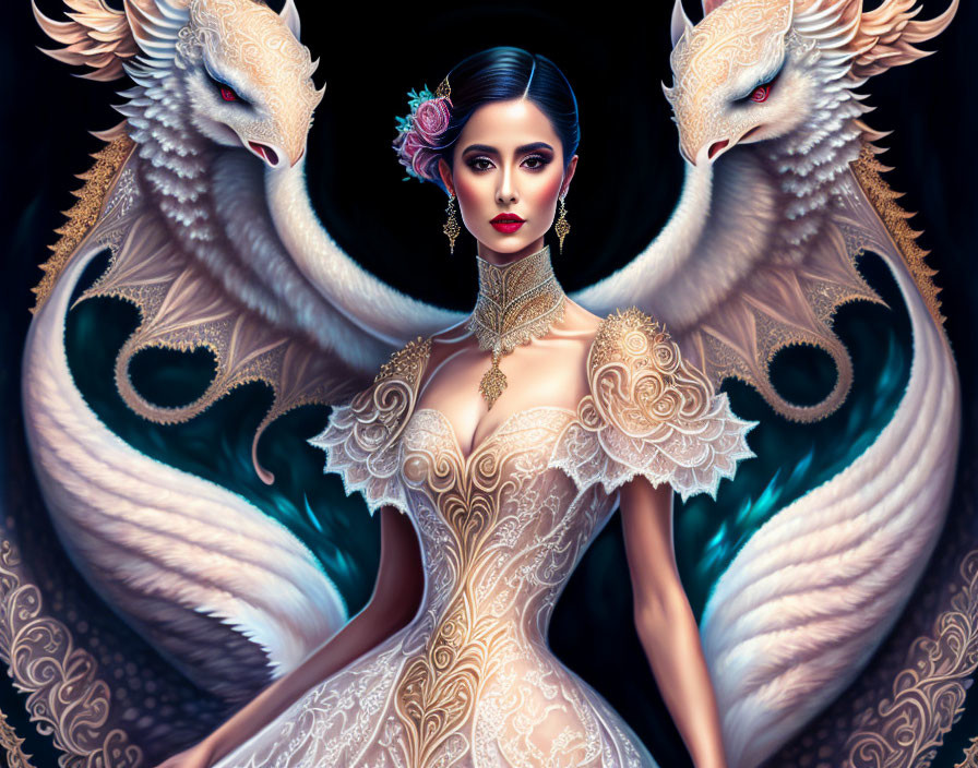 Elegant woman with mythical birds on dark background