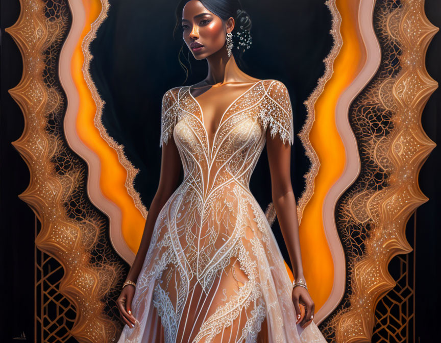 Sophisticated woman in sheer lace gown against golden swirl backdrop