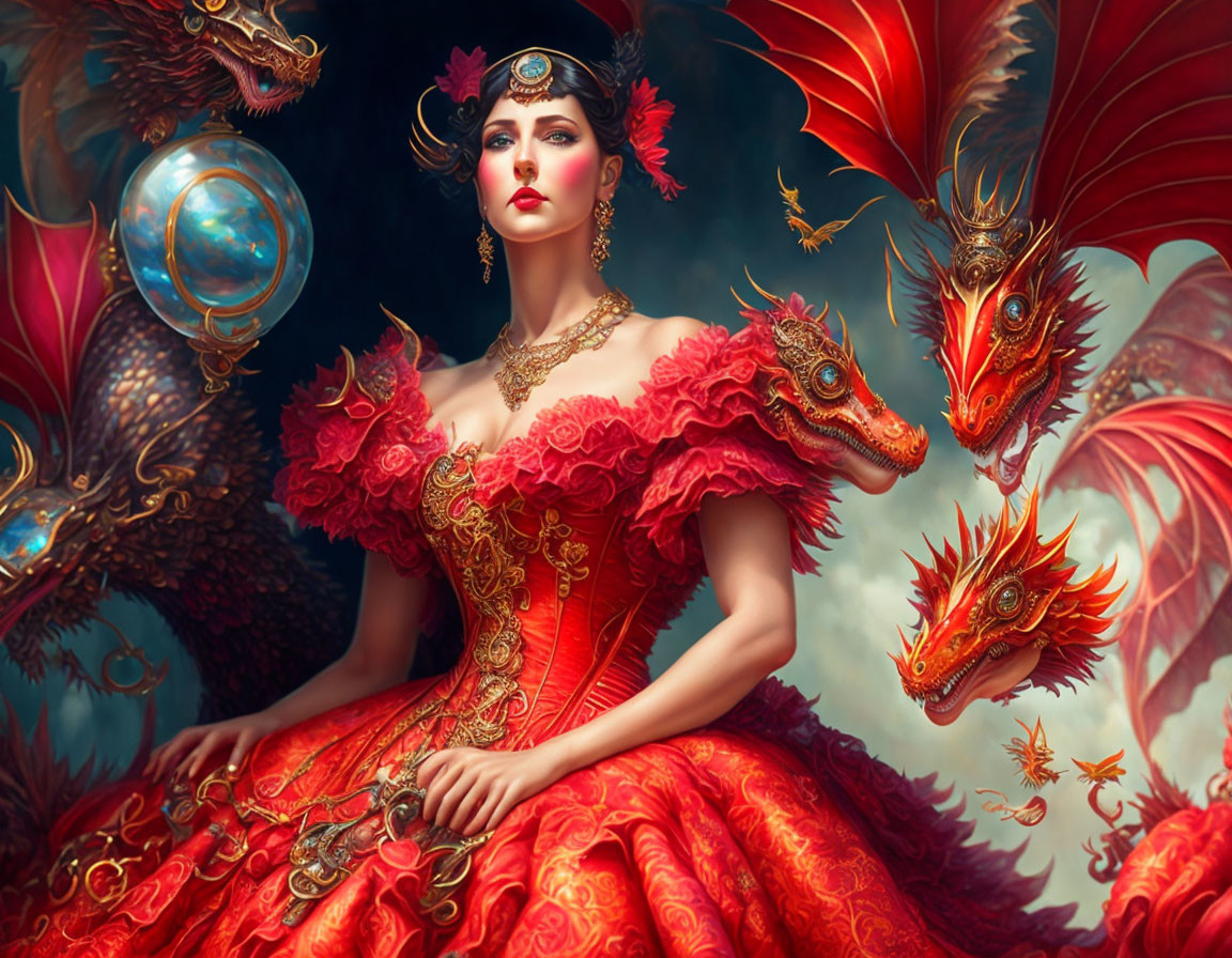 Regal woman in red dress with golden embroidery and red dragons on mystical blue backdrop